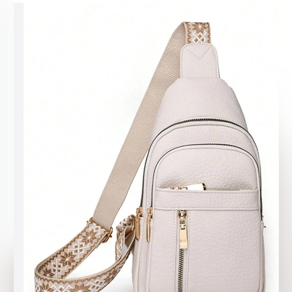 Adjustable Crossbody Sling Bag with Embroidered Guitar Strap In Cream - Picture 8 of 11